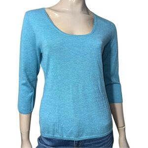 Forte Cashmere Women’s Size M Blue Scoopneck 3/4 Sleeve Pullover Sweater